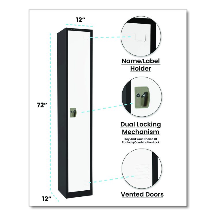 Steel Storage Locker, 1 Compartment, 12 x 12 x 72, Black Body/White Doors