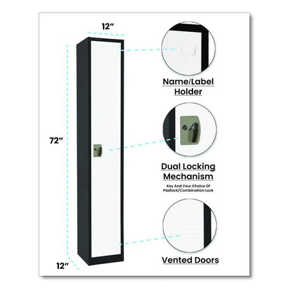 Steel Storage Locker, 1 Compartment, 12 x 12 x 72, Black Body/White Doors