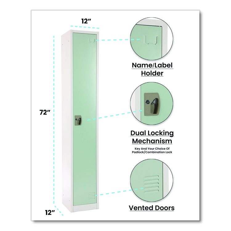 Steel Storage Locker, 1 Compartment, 12 x 12 x 72, Misty Green