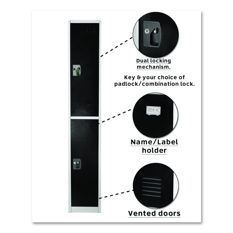 Steel Storage Locker, 2 Compartment, 12 x 12 x 72, Black