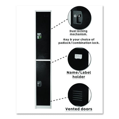 Steel Storage Locker, 2 Compartment, 12 x 12 x 72, Black