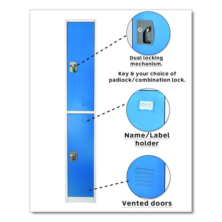 Steel Storage Locker, 2 Compartment, 12 x 12 x 72, Blue
