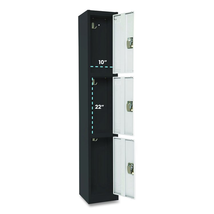 Steel Storage Locker, 3 Compartment, 12 x 12 x 72, Black Body/White Doors