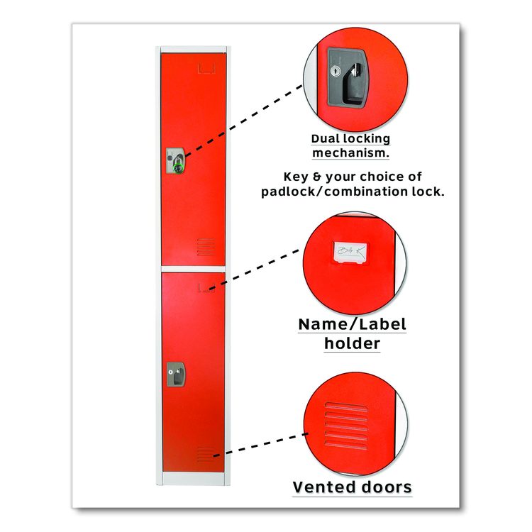 Steel Storage Locker, 2 Compartment, 12 x 12 x 72, Red