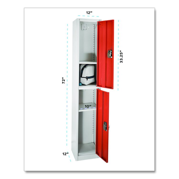 Steel Storage Locker, 2 Compartment, 12 x 12 x 72, Red