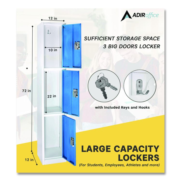 Steel Storage Locker, 3 Compartment, 12 x 12 x 72, Blue