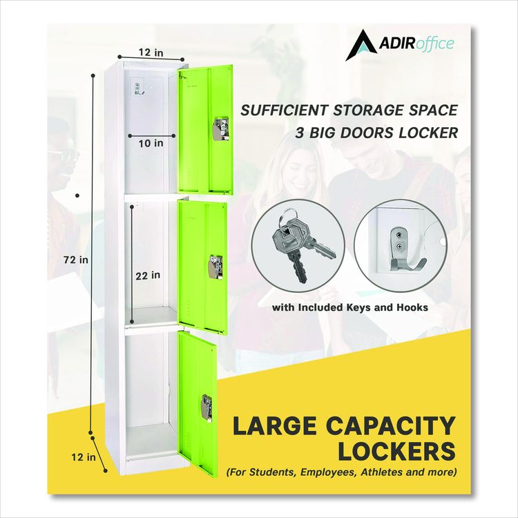 Steel Storage Locker, 3 Compartment, 12 x 12 x 72, Green