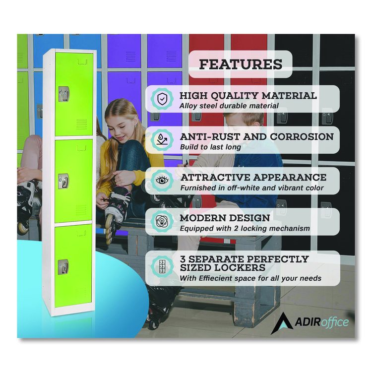 Steel Storage Locker, 3 Compartment, 12 x 12 x 72, Green