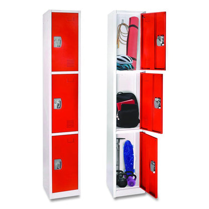 Steel Storage Locker, 3 Compartment, 12 x 12 x 72, Red