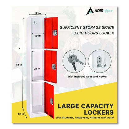 Steel Storage Locker, 3 Compartment, 12 x 12 x 72, Red
