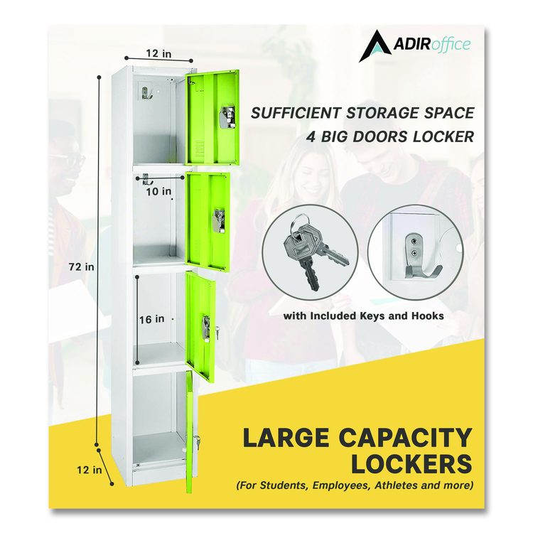 Steel Storage Locker, 4 Compartment, 12 x 12 x 72, Green