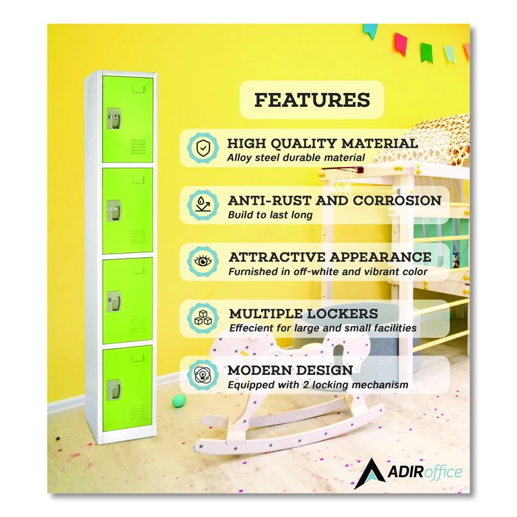 Steel Storage Locker, 4 Compartment, 12 x 12 x 72, Green