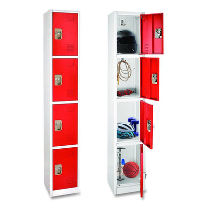 Steel Storage Locker, 4 Compartment, 12 x 12 x 72, Red