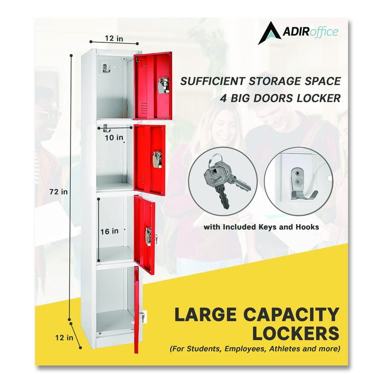 Steel Storage Locker, 4 Compartment, 12 x 12 x 72, Red