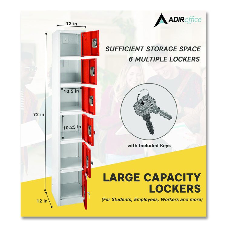 Steel Storage Locker, 6 Compartment, 12 x 12 x 72, Red