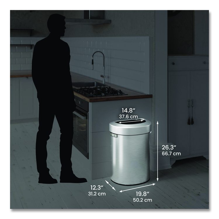 Open Top Trash Can, Half-Round, 18 gal, Plastic/Stainless Steel, Silver