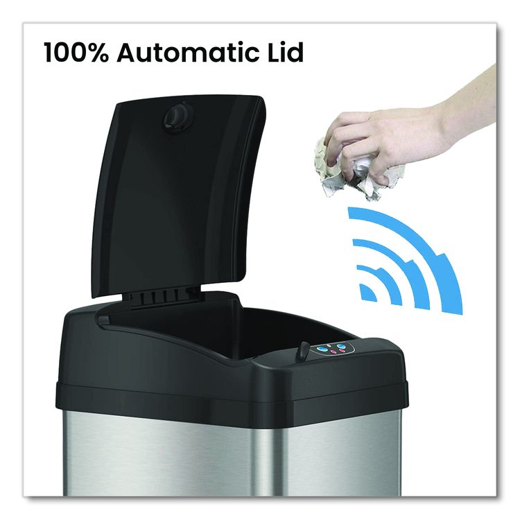 Sensor Trash Can, Rectangular, 13 gal, Plastic/Stainless Steel, Silver
