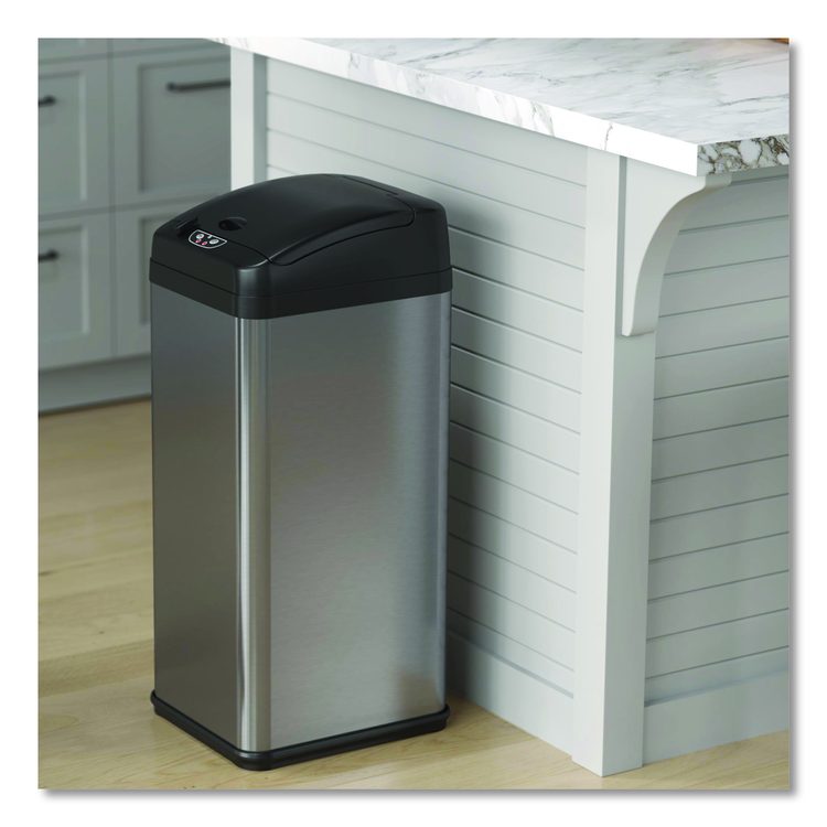 Sensor Trash Can, Rectangular, 13 gal, Plastic/Stainless Steel, Silver