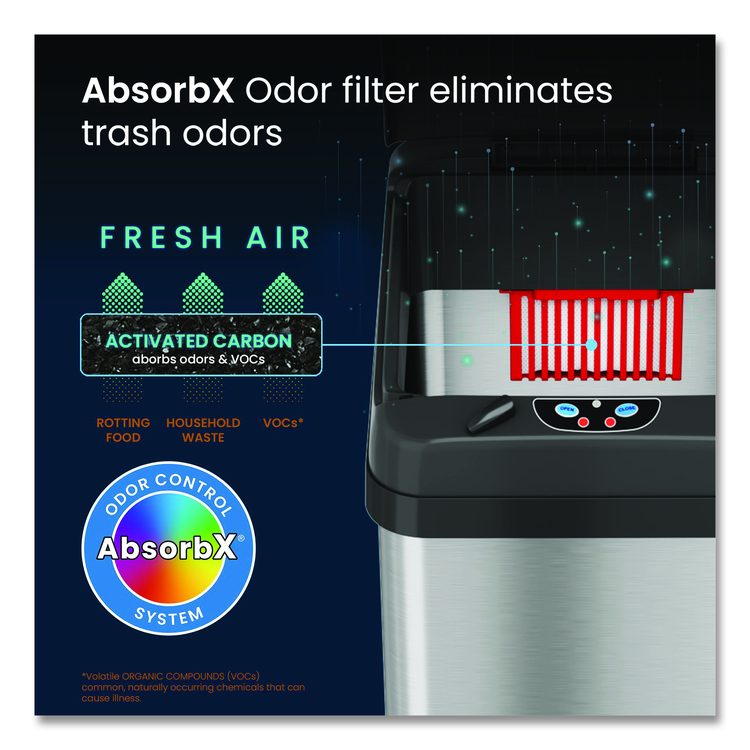 Sensor Trash Can, Rectangular, 13 gal, Plastic/Stainless Steel, Silver