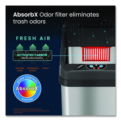 Sensor Trash Can, Rectangular, 13 gal, Plastic/Stainless Steel, Silver