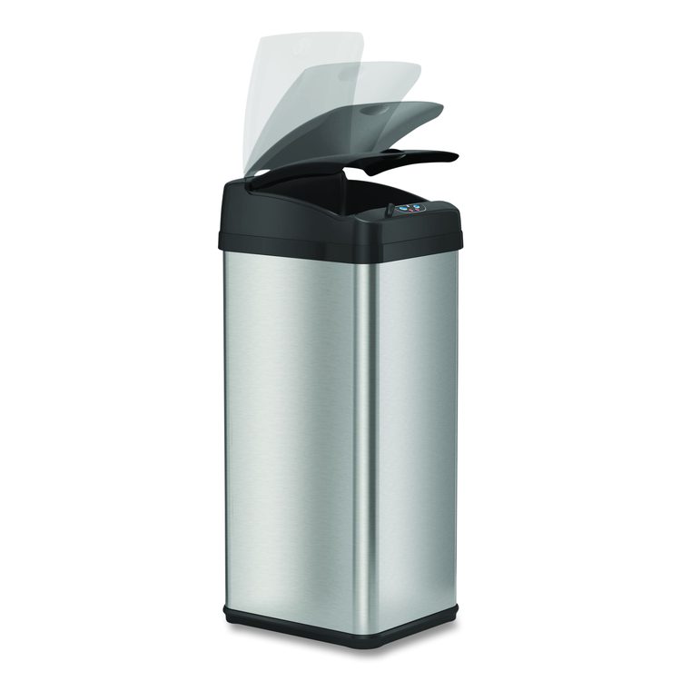 Sensor Trash Can, Rectangular, 13 gal, Plastic/Stainless Steel, Silver