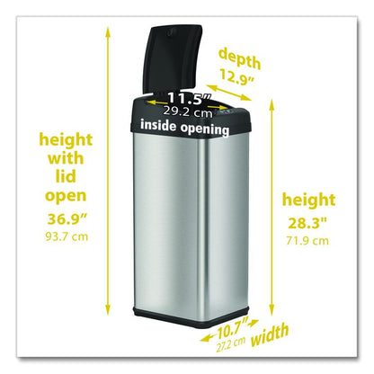 Sensor Trash Can, Rectangular, 13 gal, Plastic/Stainless Steel, Silver