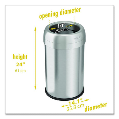 Open Top Trash Can, 13 gal, Plastic/Stainless Steel, Silver