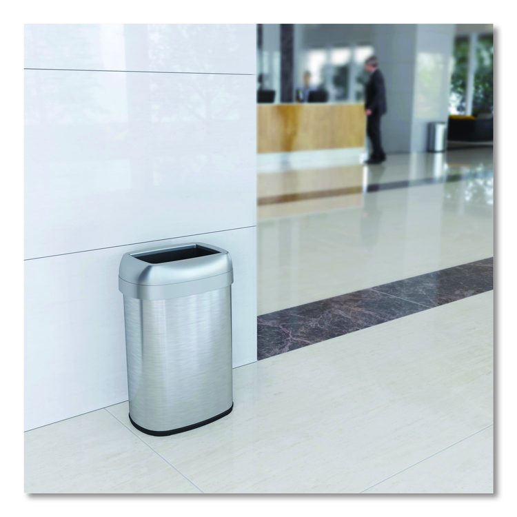 Open Top Trash Can with Wheels, Oval, 13 gal, Plastic/Stainless Steel, Silver