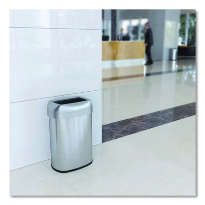 Open Top Trash Can with Wheels, Oval, 13 gal, Plastic/Stainless Steel, Silver