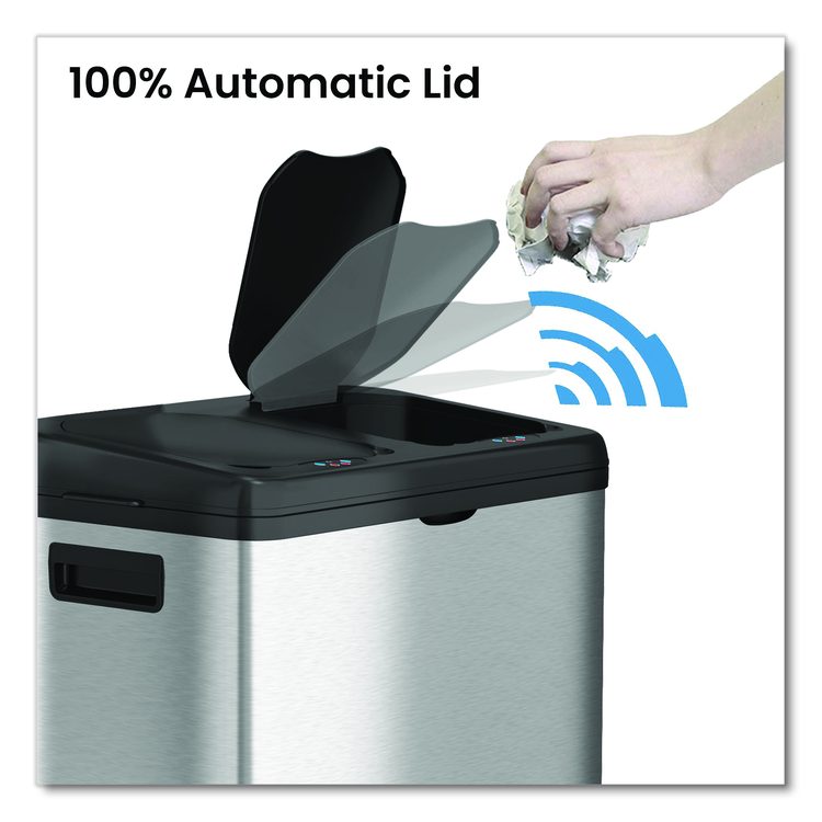 Dual Compartment Sensor Recycle Bin and Trash Can with Wheels, 16 gal, Plastic/Stainless Steel, Silver/Black