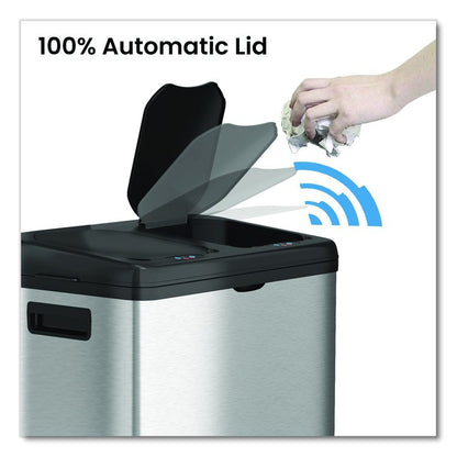 Dual Compartment Sensor Recycle Bin and Trash Can with Wheels, 16 gal, Plastic/Stainless Steel, Silver/Black