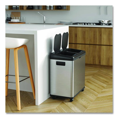 Dual Compartment Sensor Recycle Bin and Trash Can with Wheels, 16 gal, Plastic/Stainless Steel, Silver/Black