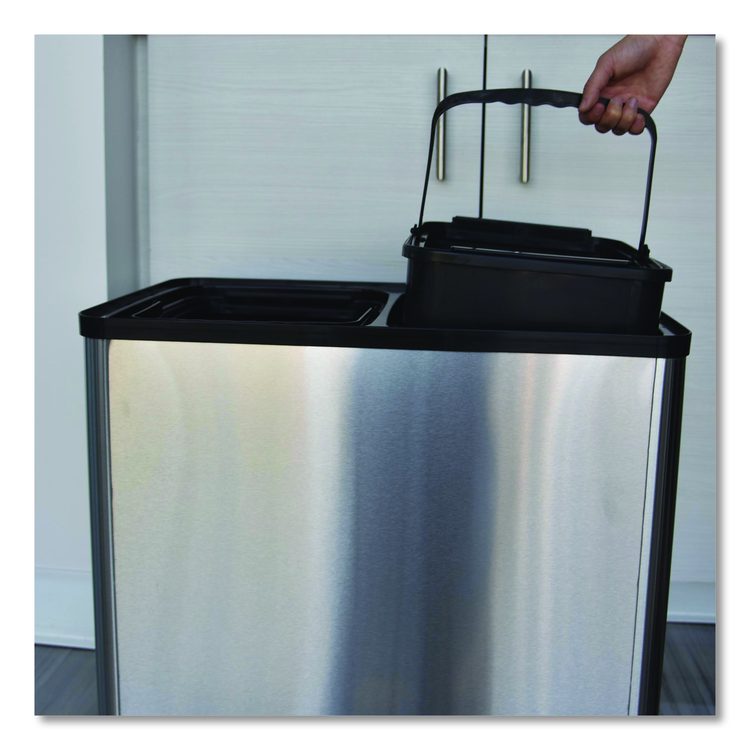 Dual Compartment Sensor Recycle Bin and Trash Can with Wheels, 16 gal, Plastic/Stainless Steel, Silver/Black