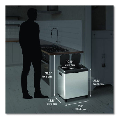 Dual Compartment Sensor Recycle Bin and Trash Can with Wheels, 16 gal, Plastic/Stainless Steel, Silver/Black