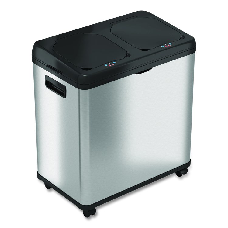 Dual Compartment Sensor Recycle Bin and Trash Can with Wheels, 16 gal, Plastic/Stainless Steel, Silver/Black
