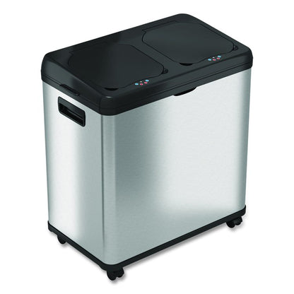Dual Compartment Sensor Recycle Bin and Trash Can with Wheels, 16 gal, Plastic/Stainless Steel, Silver/Black