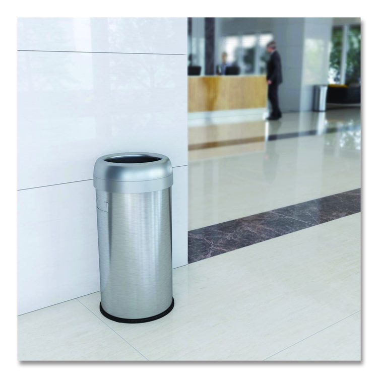 Open Top Trash Can, Round, 16 gal, Plastic/Stainless Steel, Silver