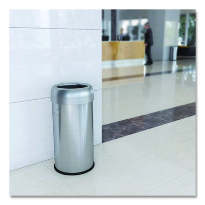 Open Top Trash Can, Round, 16 gal, Plastic/Stainless Steel, Silver