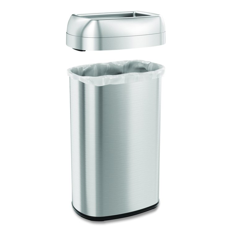Open Top Trash Can, Oval, 16 gal, Plastic/Stainless Steel, Silver