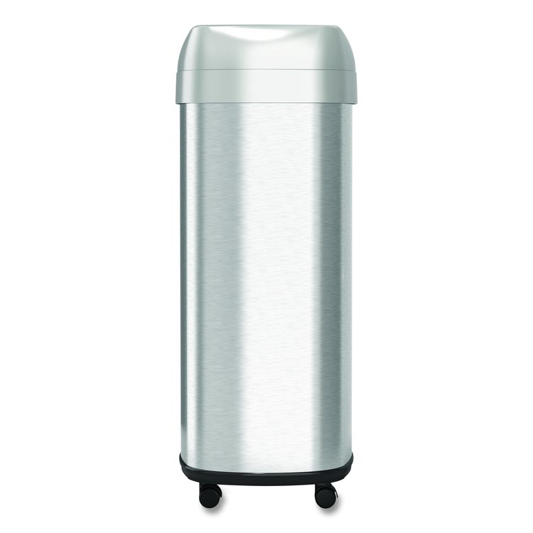 Open Top Trash Can with Wheels, Oval, 16 gal, Plastic/Stainless Steel, Silver