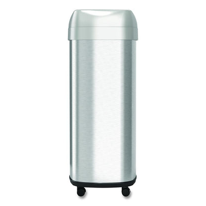 Open Top Trash Can with Wheels, Oval, 16 gal, Plastic/Stainless Steel, Silver