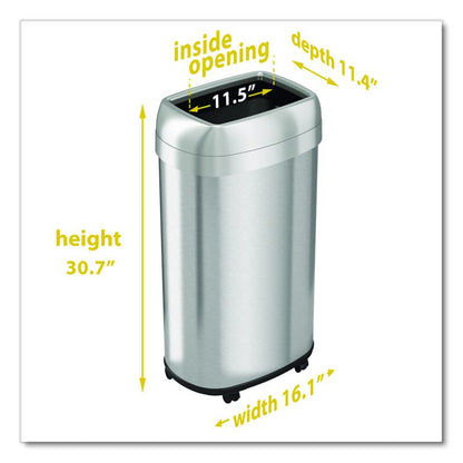 Open Top Trash Can with Wheels, Oval, 16 gal, Plastic/Stainless Steel, Silver