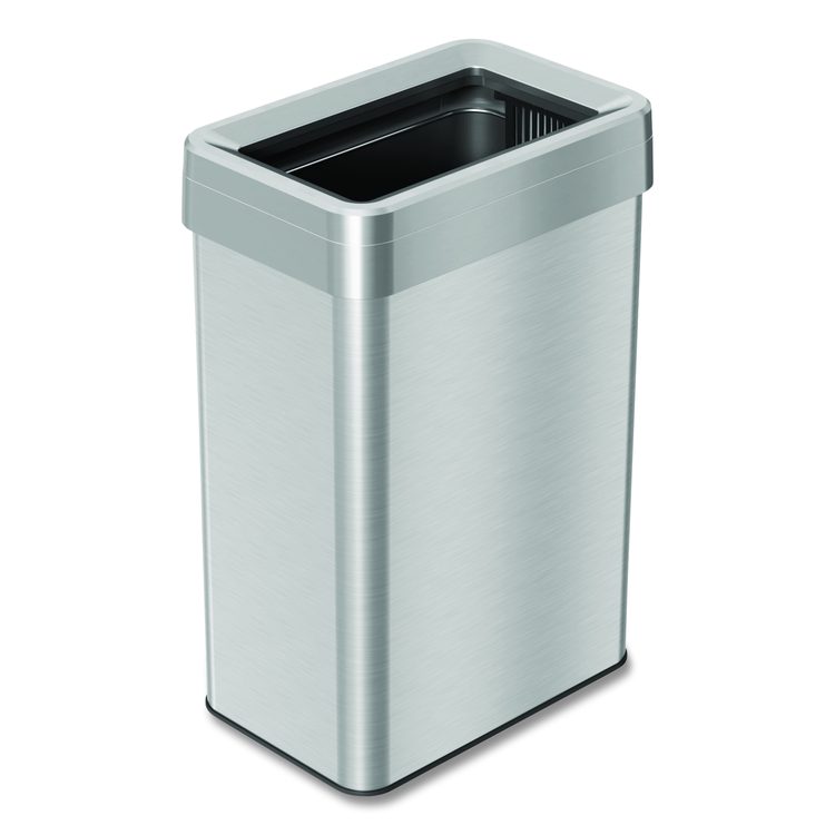 Open Top Trash Can, Rectangular, 16 gal, Plastic/Stainless Steel, Silver