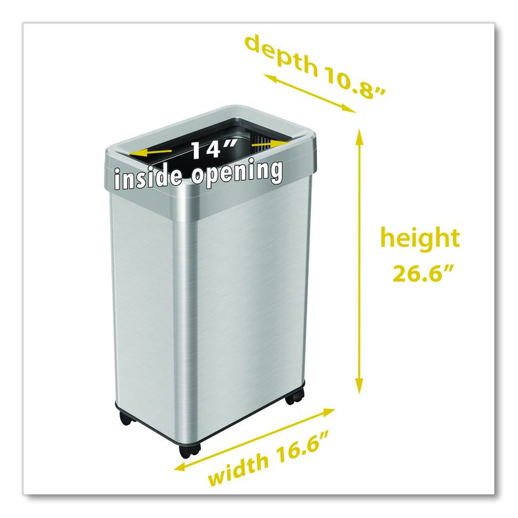 Open Top Trash Can with Wheels, Rectangular, 16 gal, Plastic/Stainless Steel, Silver