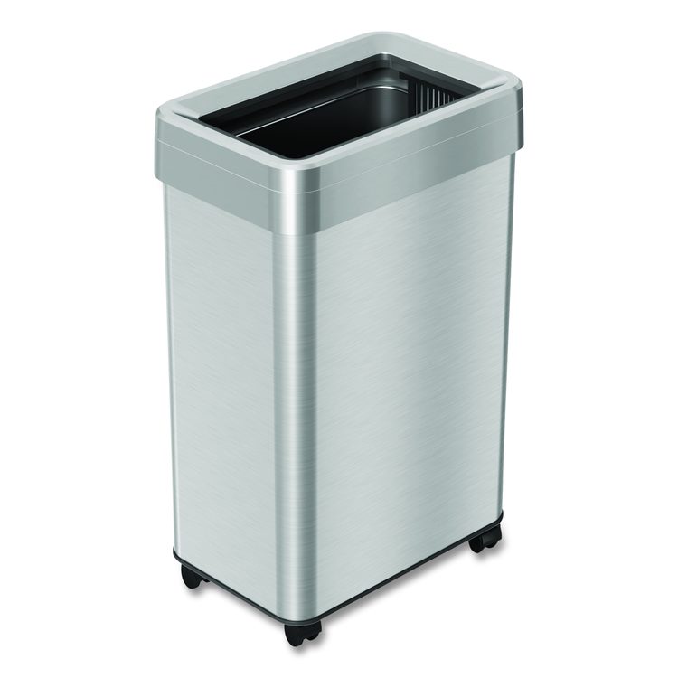 Open Top Trash Can with Wheels, Rectangular, 16 gal, Plastic/Stainless Steel, Silver