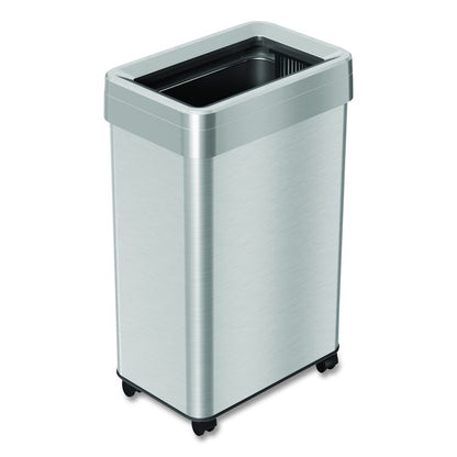 Open Top Trash Can with Wheels, Rectangular, 16 gal, Plastic/Stainless Steel, Silver