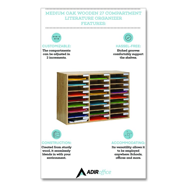 Wooden 27 Compartment Literature Organizer, 27 Sections, Letter Size, 31.49 x 11.81 x 21.65, Medium Oak