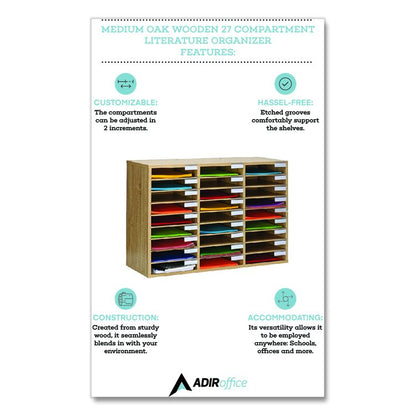 Wooden 27 Compartment Literature Organizer, 27 Sections, Letter Size, 31.49 x 11.81 x 21.65, Medium Oak
