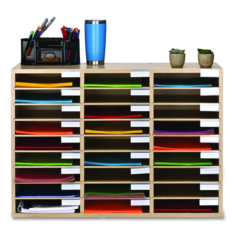 Wooden 27 Compartment Literature Organizer, 27 Sections, Letter Size, 31.49 x 11.81 x 21.65, Medium Oak