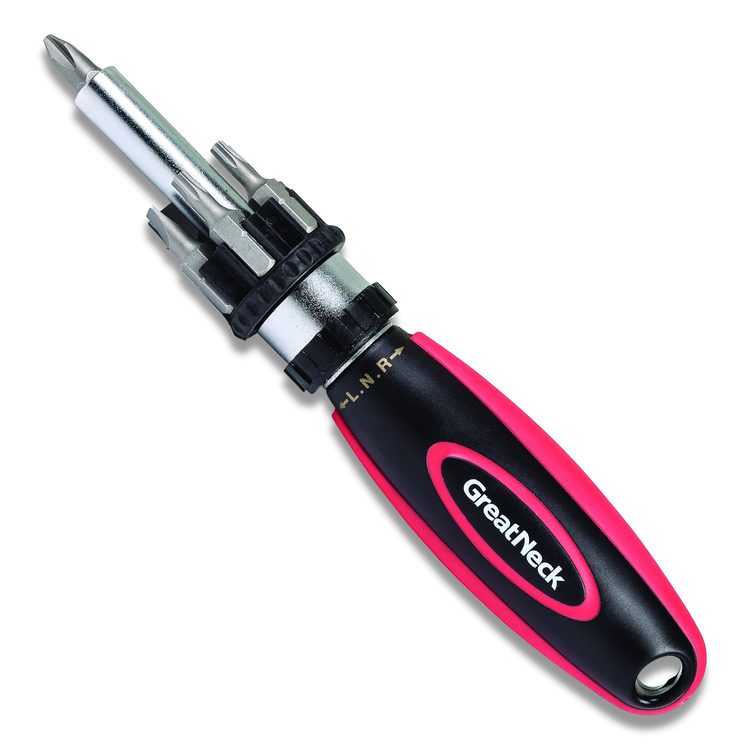 Ratcheting Screw/Nut Driver Set, Phillips/Slotted/Star Bits, 7" Long, Black/Red